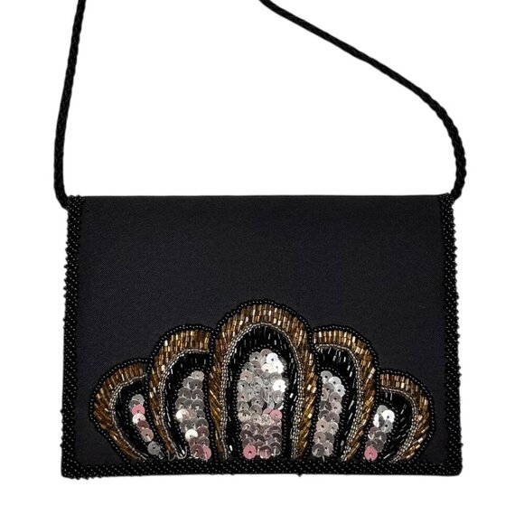 VTG Small Evening Bag Black Satin Embellished Beaded Sequins Event Glam - Picture 2 of 10